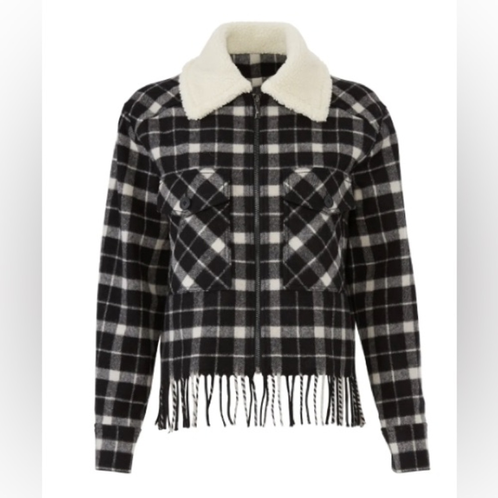 Kate Spade Plaid Fringe Jacket with Sherpa Collar